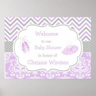 Lila och Grått Chevron Ballerina Baby Shower Poster