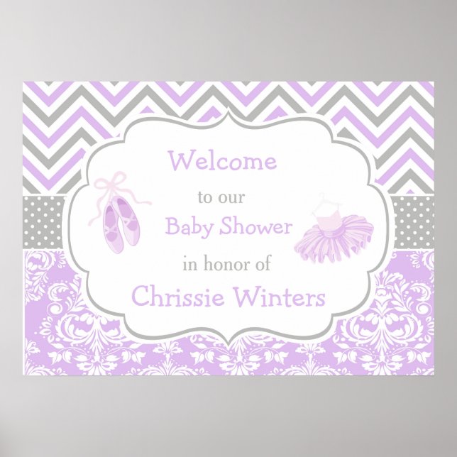 Lila och Grått Chevron Ballerina Baby Shower Poster (Framsidan)