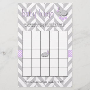 Lila och Grått Elephant Baby Shower Bingo Brevpapper