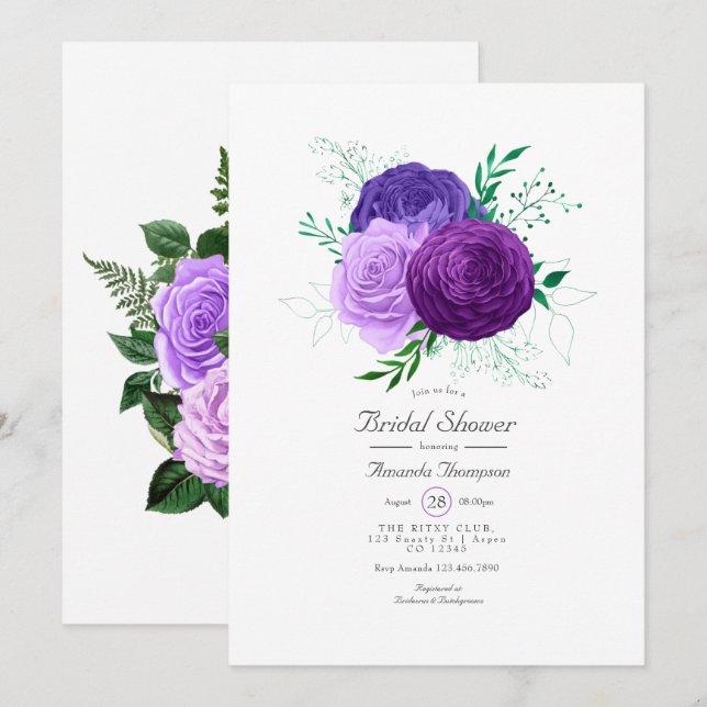 Lila och grön akvarell blommande bröllopsdusch inbjudningar (Fram/baksida)