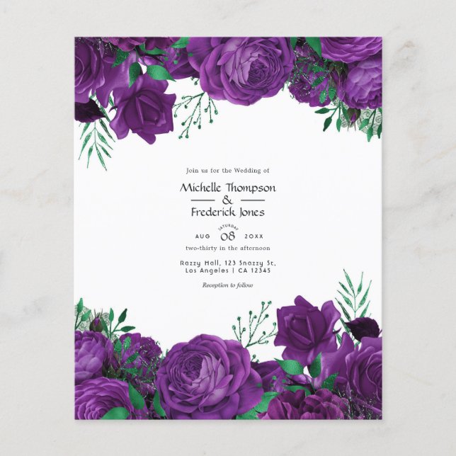 Lila och grön akvarell blommande bröllopsinbjudan flygblad (Framsidan)