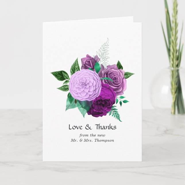 Lila och grön akvarell blomsterbröllop tack kort (Framsida)