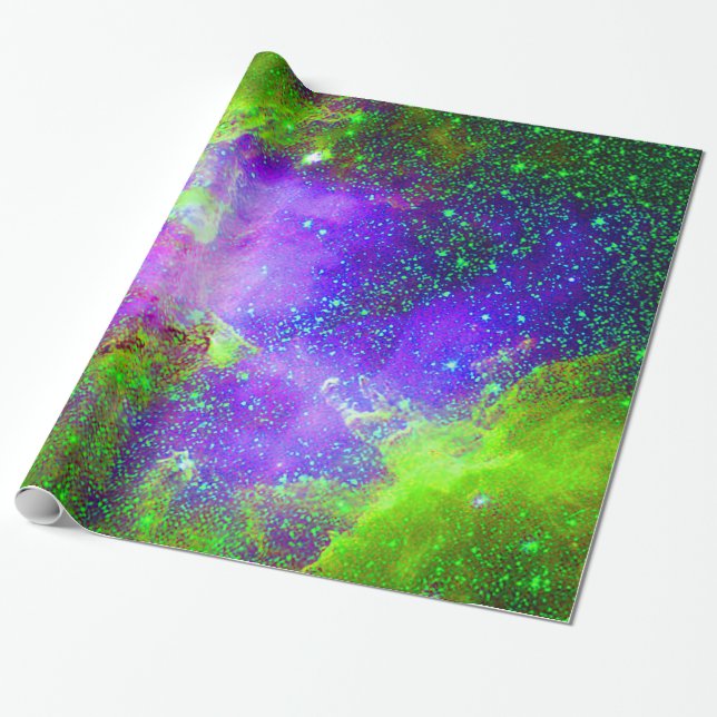 lila och grön Galaxy Nebula rymdbild. Presentpapper (Utrullad)