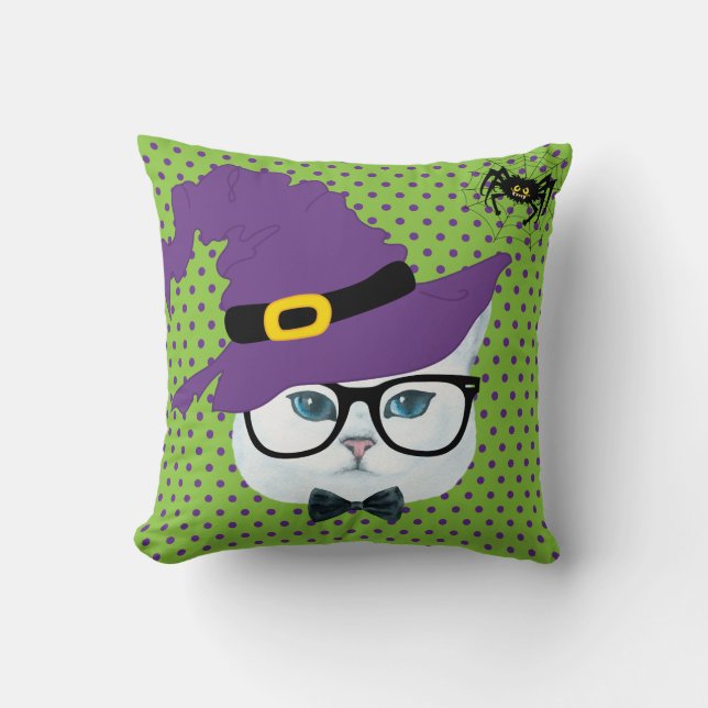 Lila och grön prickig Halloween-kattkudde Kudde (Framsida)