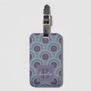 Lila och grön retro cirkelmönster monogram bagagebricka