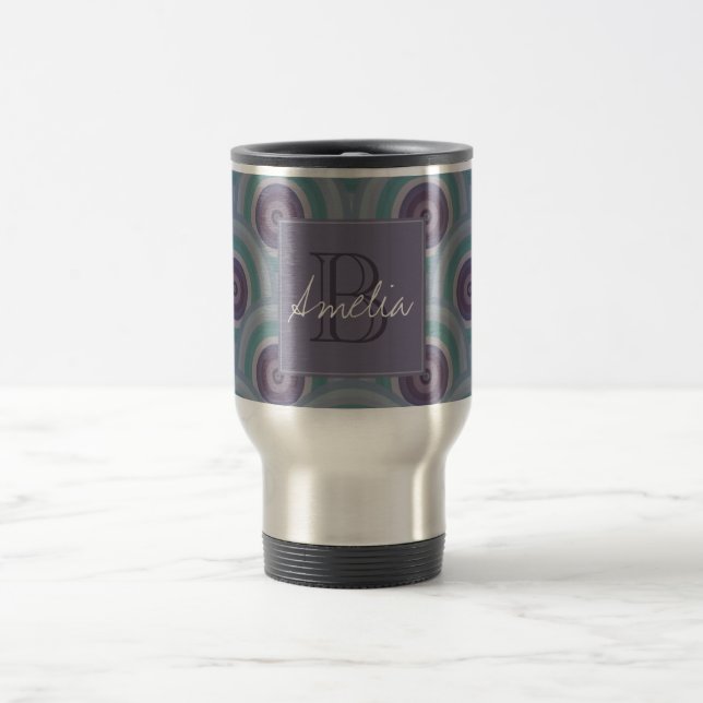 Lila och grön retro cirkelmönster monogram resemugg (Center)