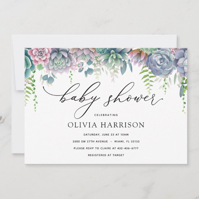 Lila och grön Sukkulent Baby Shower Inbjudningar (Framsida)
