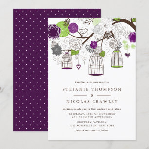 Lila och gröna hängande fågelburar Bröllop Inbjudningar