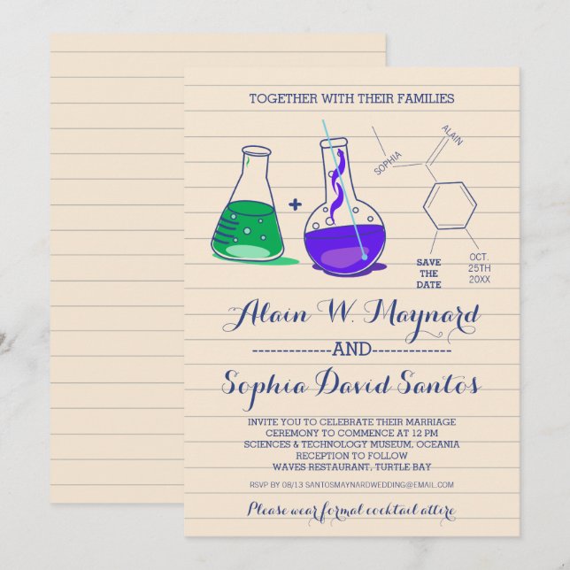 Lila och gröna kemibruidsinbjudningar inbjudningar (Fram/baksida)