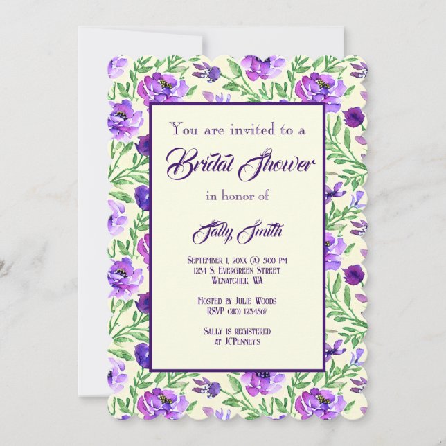 Lila och Grönt Blommigt Botanisk Möhippa Inbjudningar (Framsida)