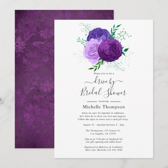 Lila och Grönt Blommigt Drive by Shower Inbjudningar (Fram/baksida)