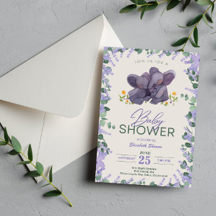 Lila och Grönt Blommigt Elephant Baby Showe Inbjudningar