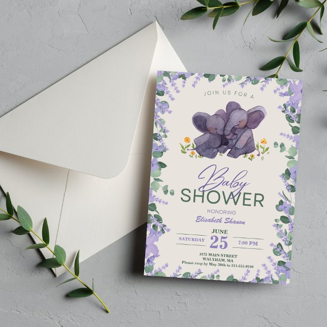 Lila och Grönt Blommigt Elephant Baby Showe Inbjudningar (Adorable Purple & Green Floral Elephant Baby Showe Invitation)