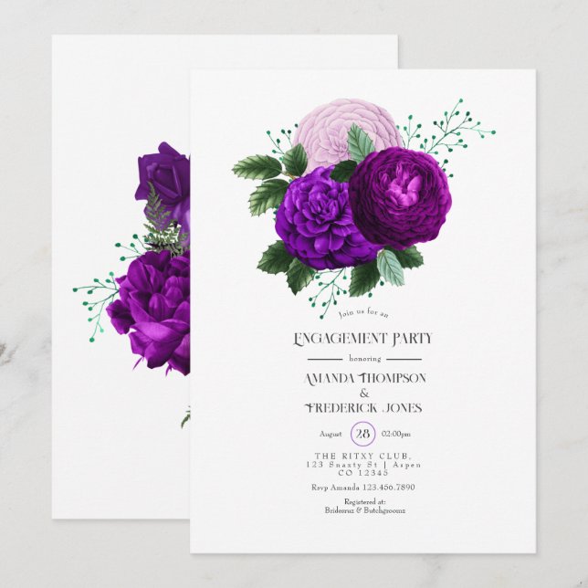 Lila och Grönt Blommigt Förlovningsfest för vatten Inbjudningar (Fram/baksida)