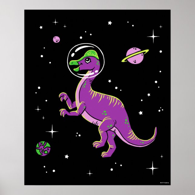 Lila och Grönt Corythosaurus Dinos in Space Poster (Framsidan)