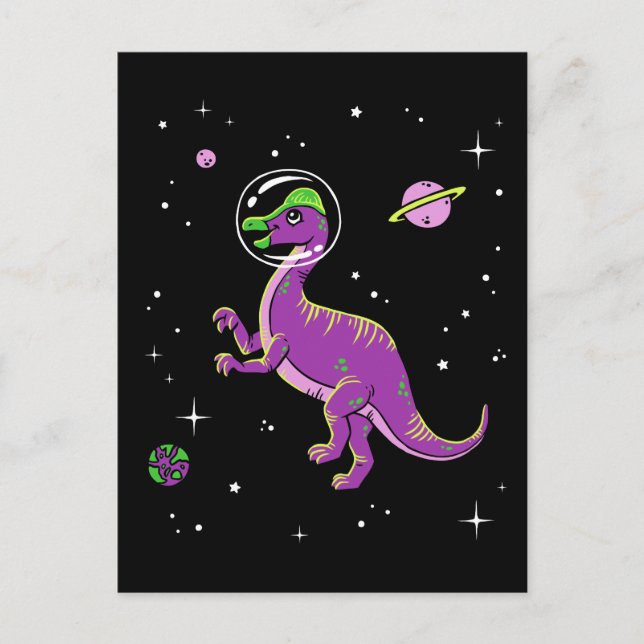 Lila och Grönt Corythosaurus Dinos in Space Vykort (Framsida)