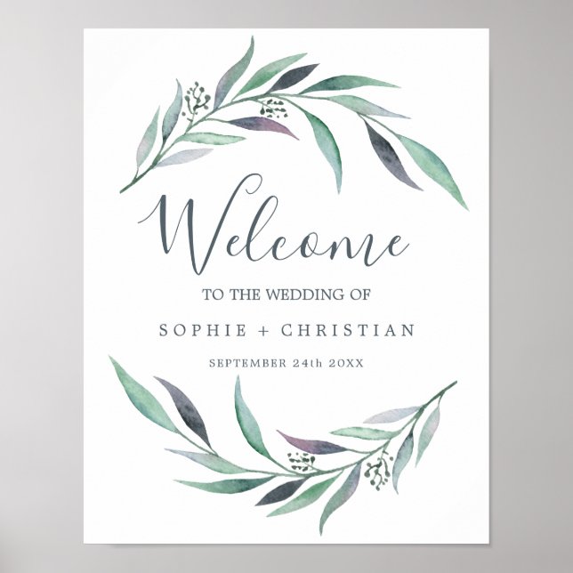 Lila och Grönt Eucalyptus Välkommen Bröllop Poster (Framsidan)