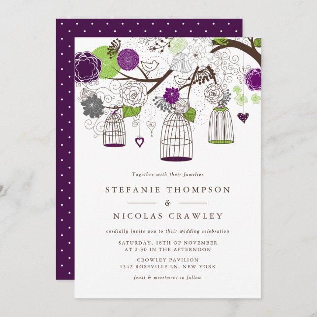 Lila och Grönt Hängande fåglar Bröllop Inbjudningar (Fram/baksida)