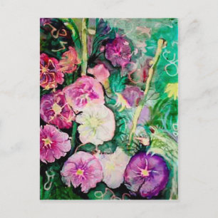 Lila och Grönt Hollyhocks vattenfärgsmålning Vykort