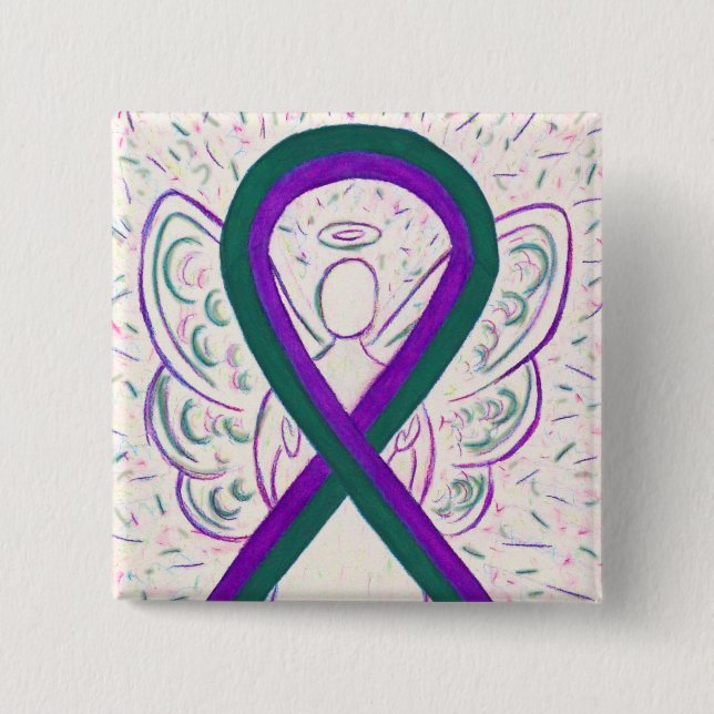 Lila och Grönt Medvetenhet Ribbon Angel Button Pin Knapp (Framsida)