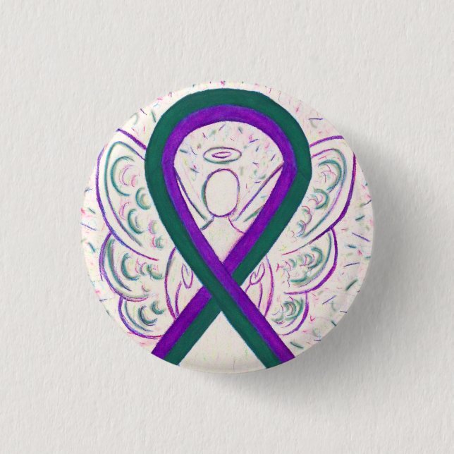 Lila och Grönt Medvetenhet Ribbon Angel Button Pin Knapp (Framsida)