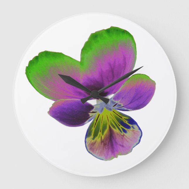 Lila och Grönt Pansy Wall Clock Stor Klocka (Framsida)