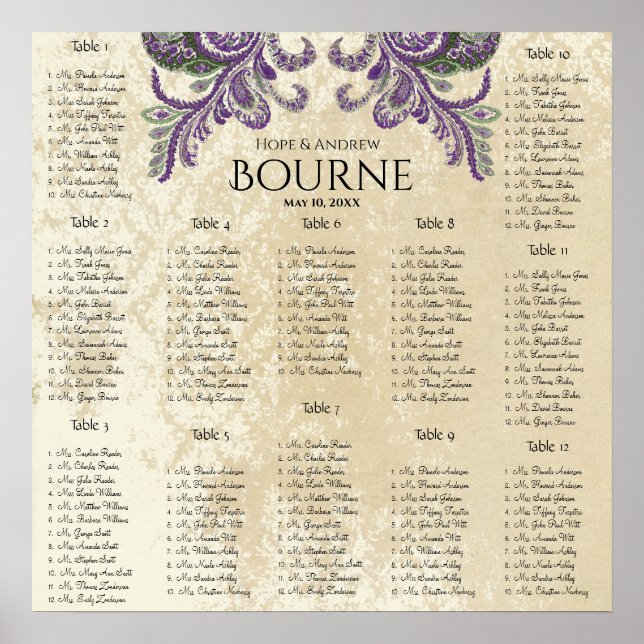 Lila och Grönt, passagerarsätesdiagram 12 Bord Poster (Framsidan)