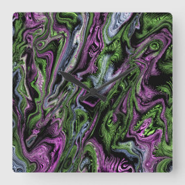 Lila och Grönt Silke Trådeffekt Vätskekonst Fyrkantig Klocka