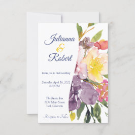 Lila och gul blomsterbudgetbröllop inbjudningar