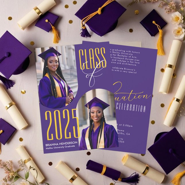 Lila och gul examen med välvda foton inbjudningar (Purple and Yellow Gold Graduation Invitation)