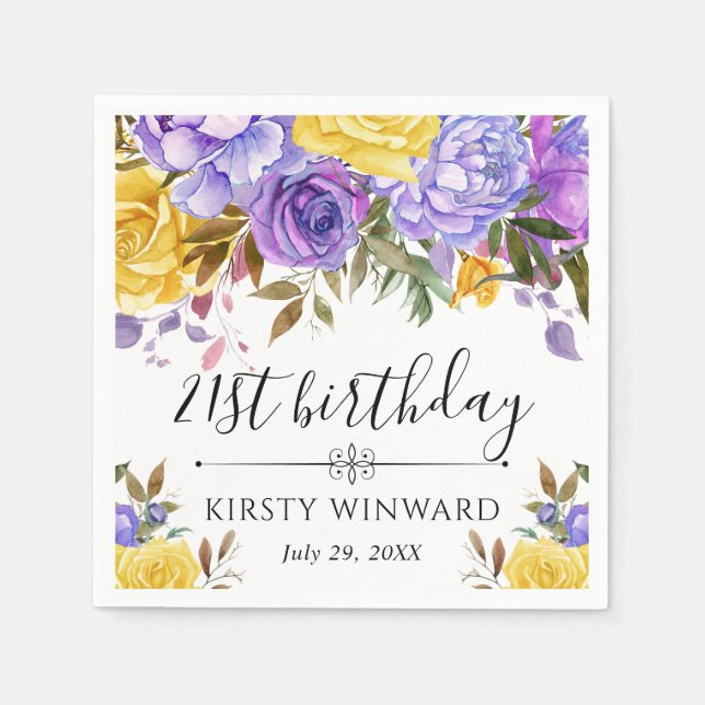 Lila och gula blommor födelsedagsfest pappersservett (Framsidan)