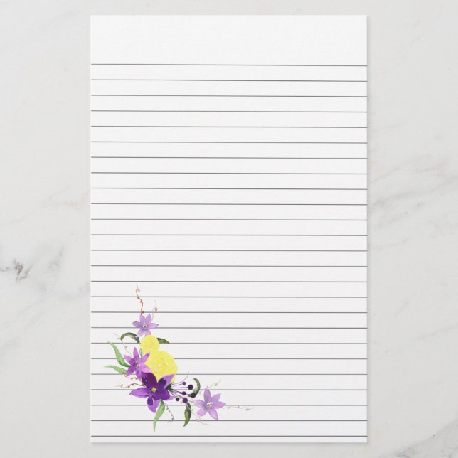 Lila och Gula blommor Undre Lämnat Linjer Papprare Brevpapper (Framsida)