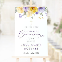 Lila och gula blommor, välkommen till första kommu poster