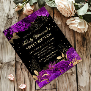 Lila och Gula Roser Kant Floral Sweet Sixteen Inbjudningar