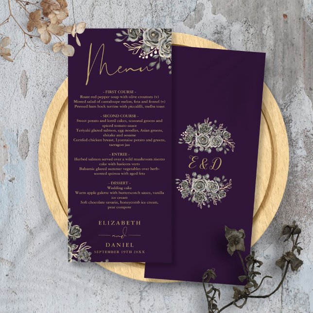 Lila och gula rosor Blommig gotisk middag för bröl Meny (Purple And Gold Roses Floral Gothic Wedding Dinner Menu)