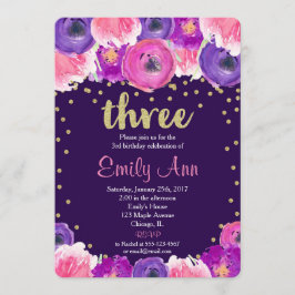 lila och guld 3:e födelsedag inbjudningar