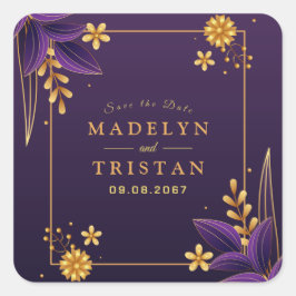 Lila och Guld Aesthetics Blommigt Bröllop Fyrkantigt Klistermärke