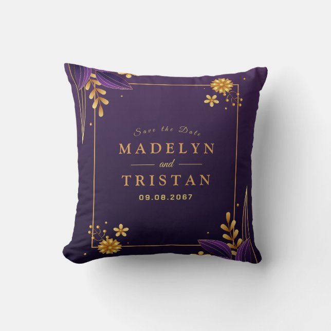 Lila och Guld Aesthetics Blommigt Bröllop Kudde (Framsida)