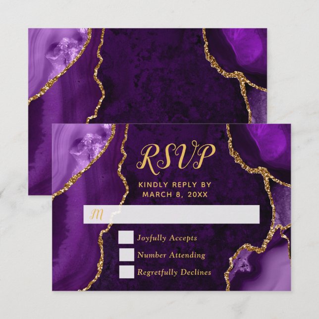 Lila och Guld Agat Marmor RSVP OSA Kort (Fram/baksida)