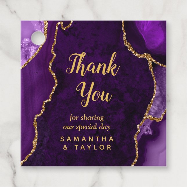 Lila och Guld Agate Bröllop Tack Gåvor Etiketter (Framsida)