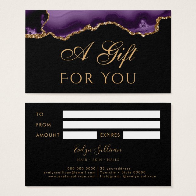 Lila och Guld Agate på Black Gift Card Visitkort (Framsida & baksida)