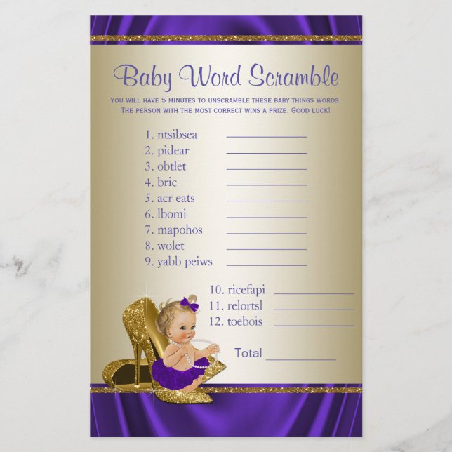 Lila och Guld Bebis Baby Shower Spel (Framsida)