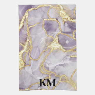 Lila och Guld Bläck Marble Monogrammed Kökshandduk