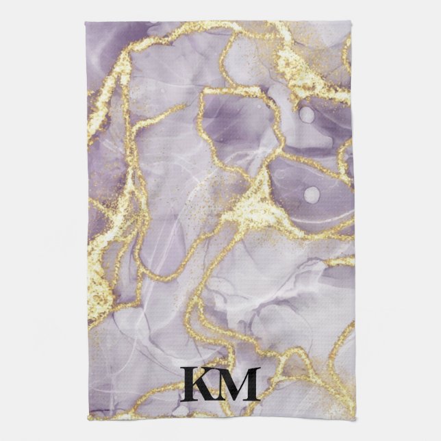 Lila och Guld Bläck Marble Monogrammed Kökshandduk (Vertikal)