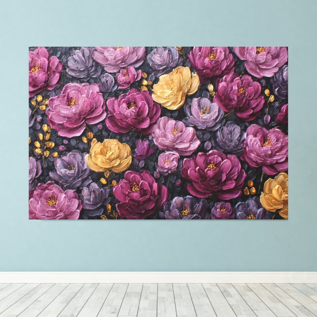 Lila och Guld Blommande Blommor – Abstrakt Vägg Canvastryck (Insitu (trägolv))