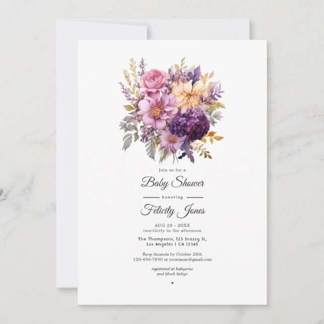 Lila och guld blommande bröllop inbjudningar (Framsida)