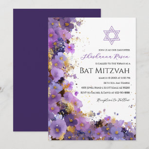 Lila och guld blommig Bat Mitzvah Inbjudningar