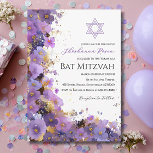 Lila och guld blommig Bat Mitzvah Inbjudningar