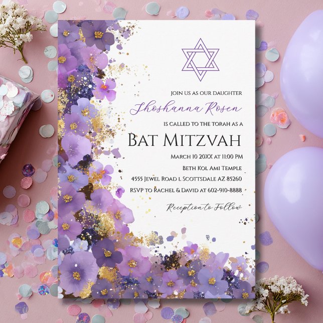 Lila och guld blommig Bat Mitzvah Inbjudningar (Skapare uppladdad)
