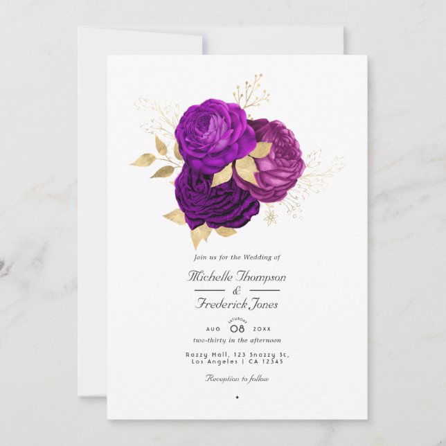 Lila och guld blommig bröllops QR-kod Rsvp Inbjudningar (Framsida)